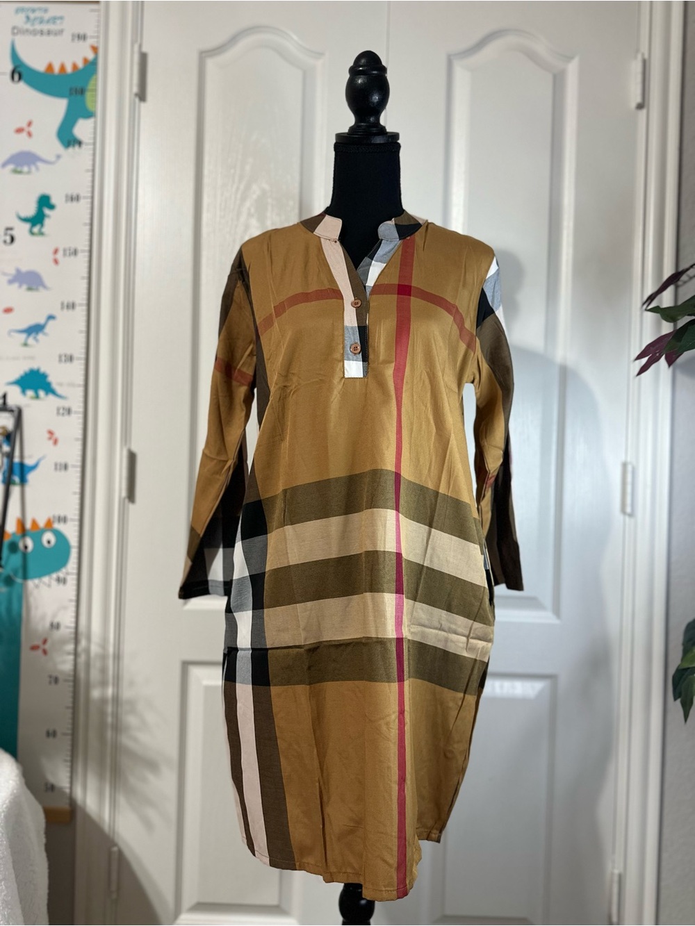 Women's Tan Plaid Tunic Dress Long sleeve